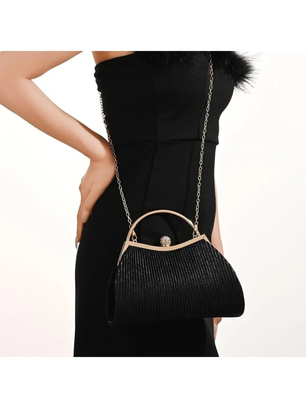 Women's Black Y Glitter Pleated Clutch Purse Sparkly Wedding Evening Bag